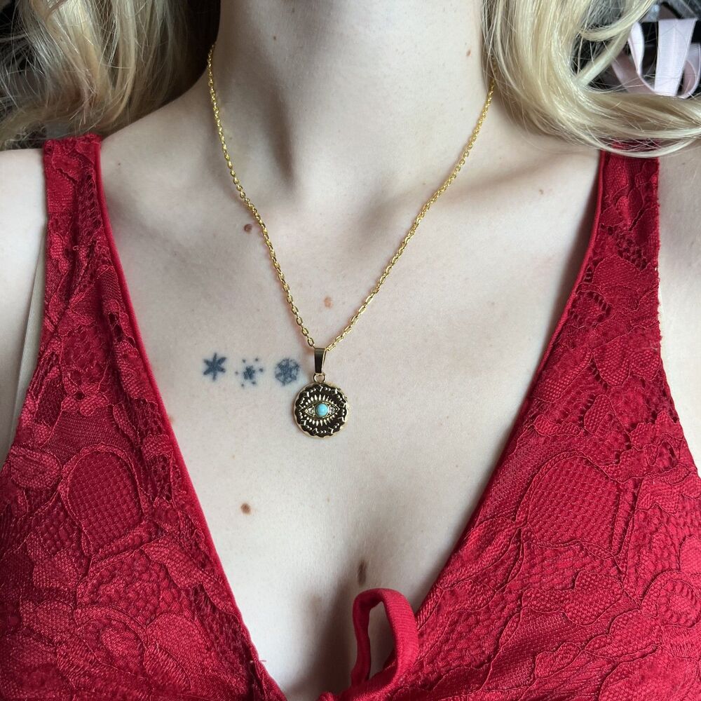 Dainty Gold Tone & Turquoise Evil Eye Necklace 18 Inches Bohemian Whimsigoth